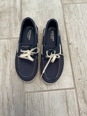 Sperry Canvas Boat Shoes in Navy with White Laces